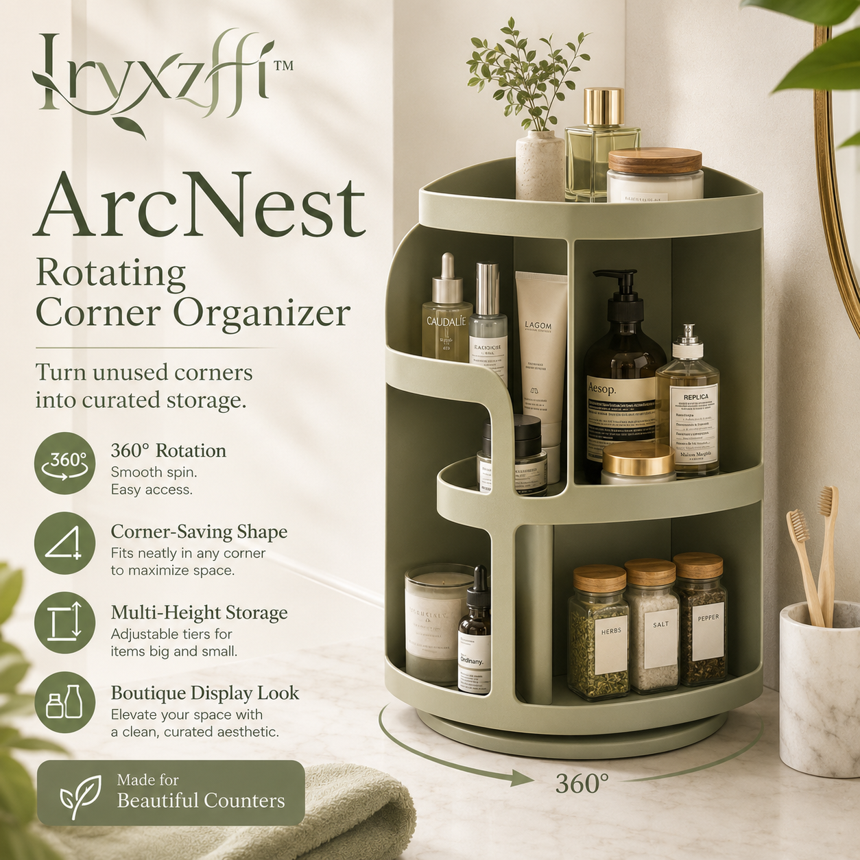 Iryxzffiโข ArcNest 360ยฐ Rotating Corner Organizer โ Countertop Storage Tower, Vanity Caddy & Kitchen Shelf