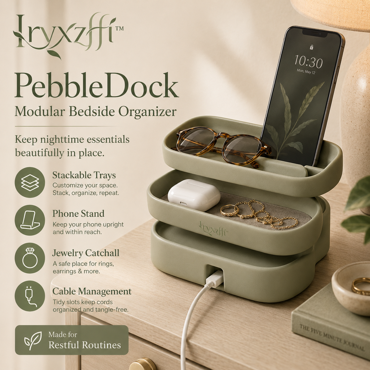 Iryxzffiโข PebbleDock Modular Bedside Organizer โ Stackable Catchall, Phone Stand, Jewelry Tray & Cable Dock
