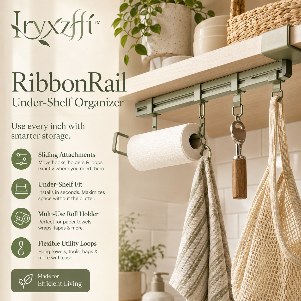 Iryxzffiโข RibbonRail Adjustable Under-Shelf Organizer โ Hanging Storage Rail, Roll Holder & Utility Rack