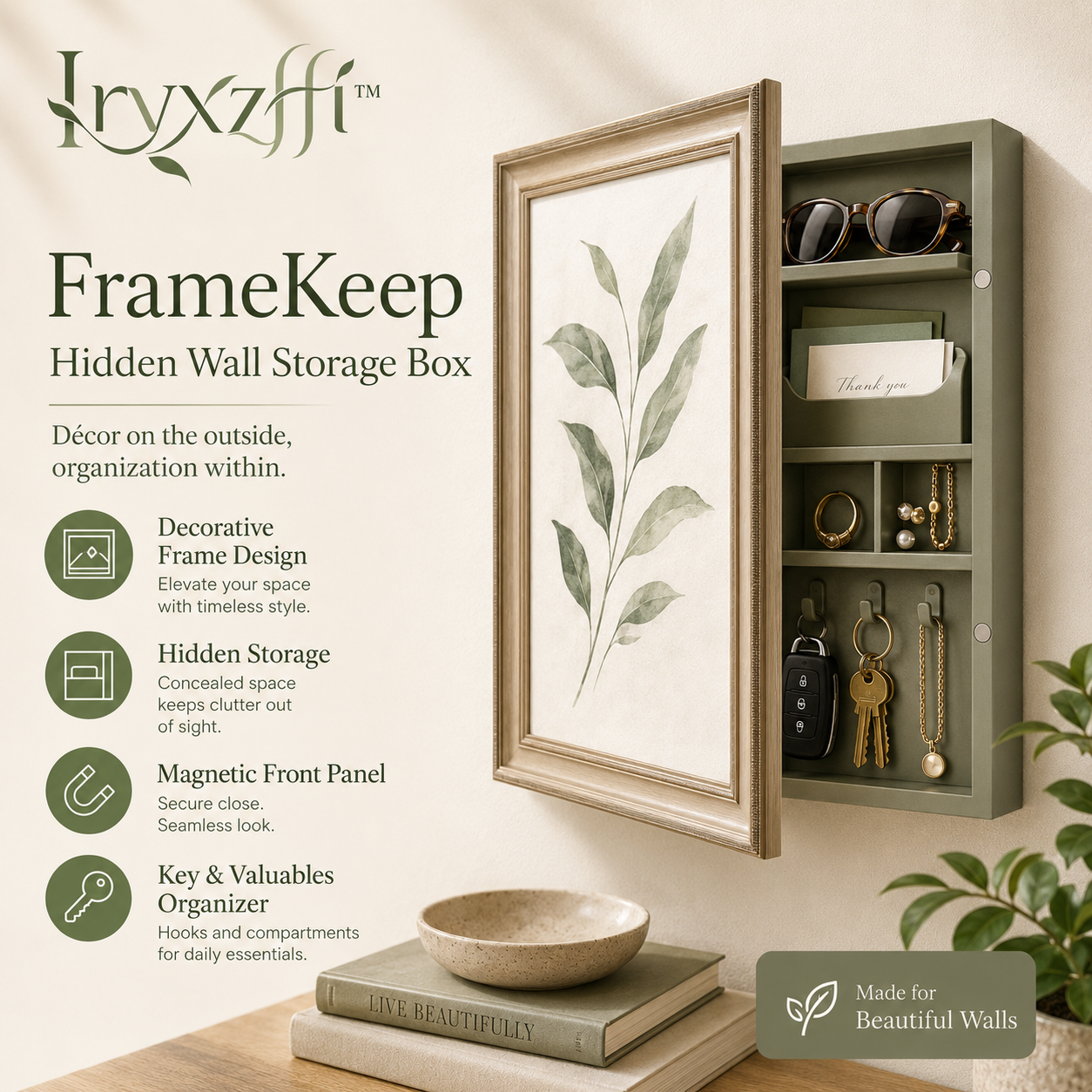 Iryxzffiโข FrameKeep Hidden Wall Storage Box โ Decorative Picture Frame Cabinet, Key Holder & Jewelry Organizer