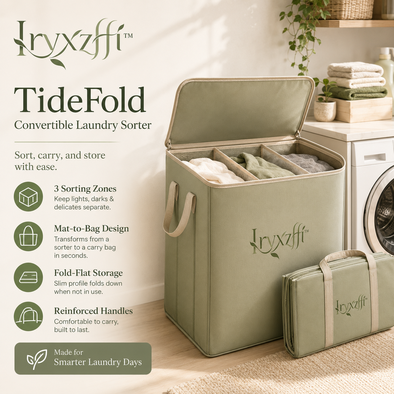 Iryxzffiโข TideFold Convertible Laundry Sorter โ Foldable Hamper Mat, 3-Zone Organizer & Carry Bag