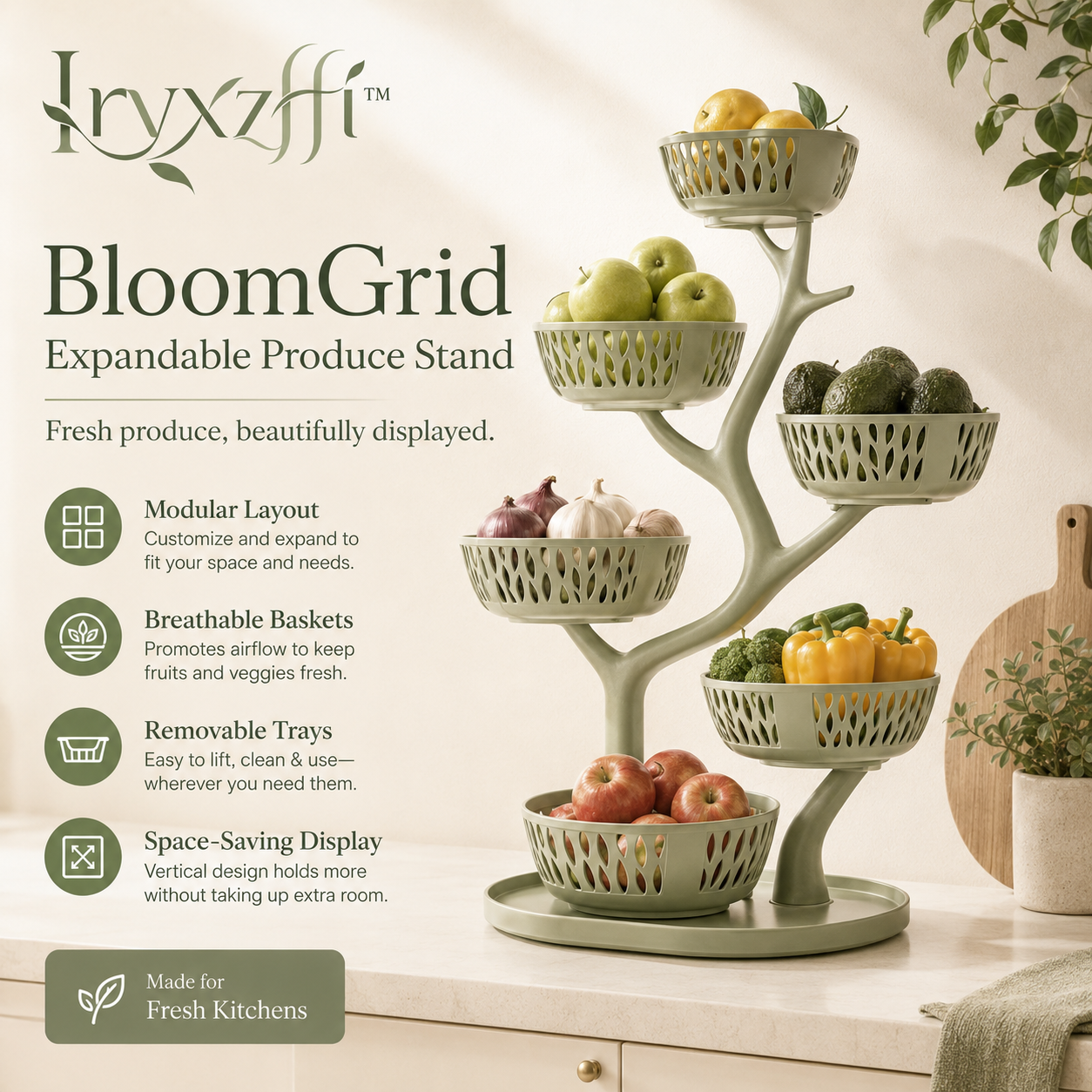 Iryxzffiโข BloomGrid Expandable Produce Stand โ Modular Fruit Basket, Vegetable Rack & Countertop Organizer