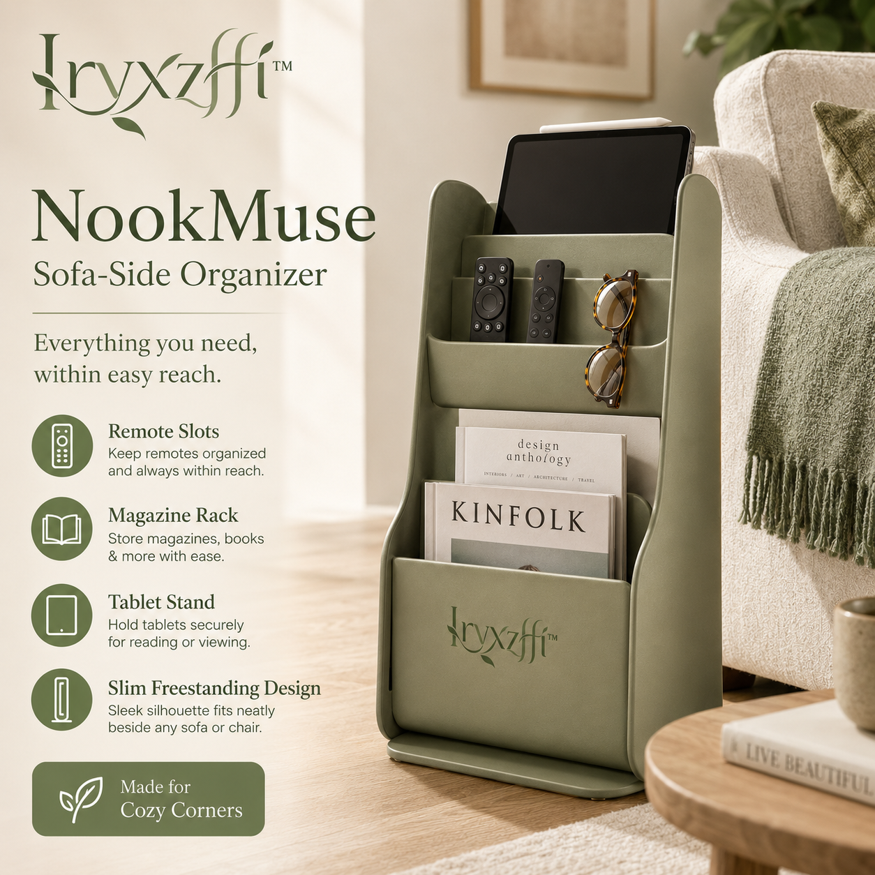 Iryxzffiโข NookMuse Sofa-Side Organizer โ Remote Holder, Magazine Rack, Tablet Stand & Living Room Catchall