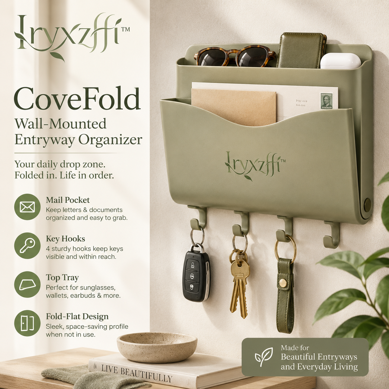 Iryxzffi™ CoveFold Wall-Mounted Entryway Organizer – Fold-Flat Mail Holder, Key Rack & Sunglasses Tray