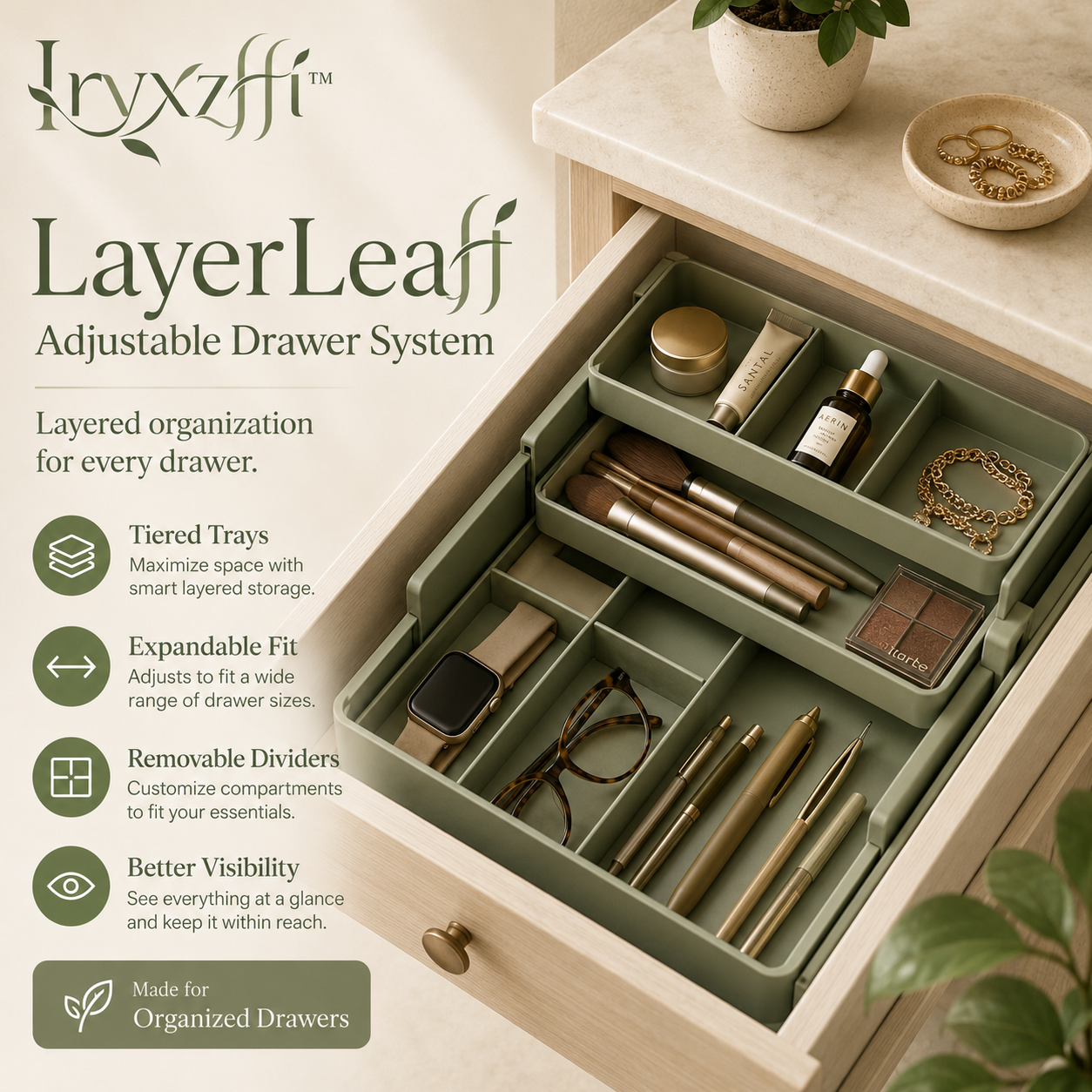 Iryxzffi™ LayerLeaf Adjustable Drawer Organizer – Expandable Tiered Utensil Tray, Vanity Divider & Desk Insert