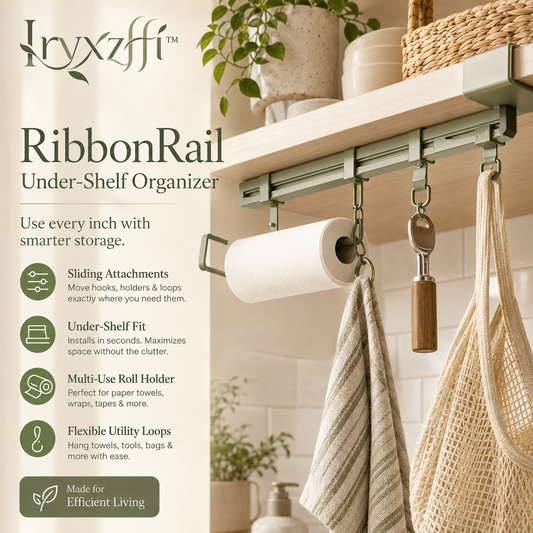 Iryxzffi™ RibbonRail Adjustable Under-Shelf Organizer – Hanging Storage Rail, Roll Holder & Utility Rack