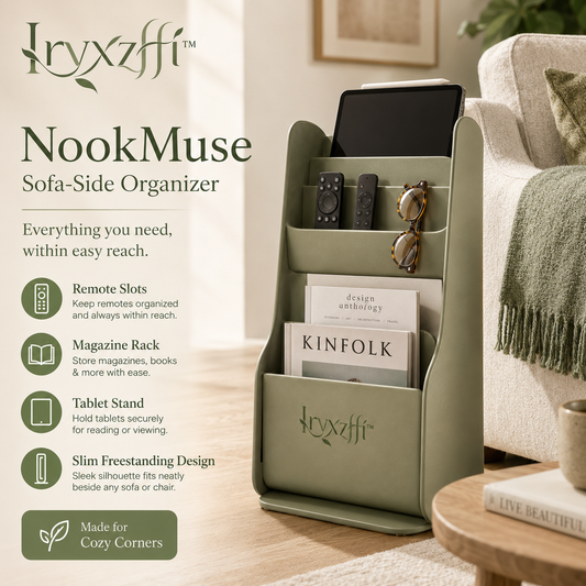Iryxzffi™ NookMuse Sofa-Side Organizer – Remote Holder, Magazine Rack, Tablet Stand & Living Room Catchall